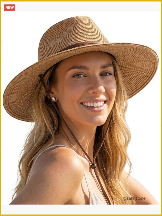 Wide Brim Panama Fedora Straw Sun Hat with Wind Lanyard UPF 80+ main image 7